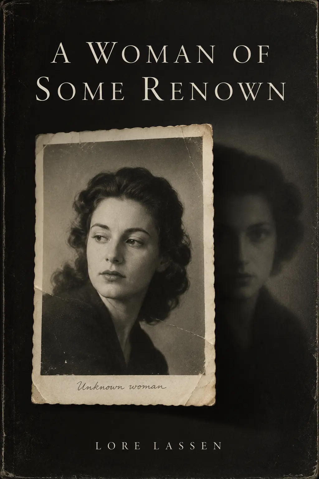 Cover of A Woman of Some Renown by Lore Lassen: a creased vintage photograph of an unknown woman on black