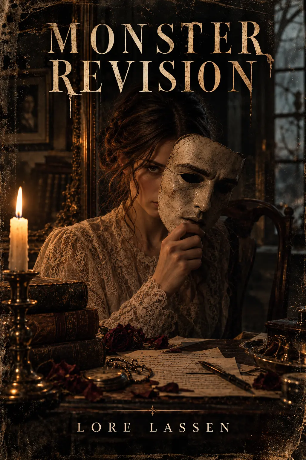 Cover of Monster Revision by Lore Lassen: a woman at a candlelit desk lowering a pale mask from her face